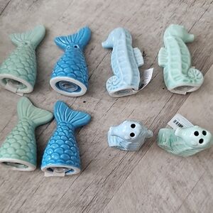 Ceramic Fish and Seahorse Aquarium Decor Set - Blue and Green
